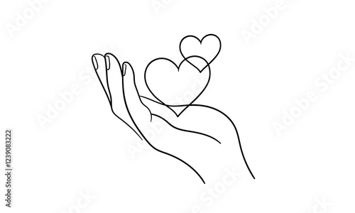 Hand with hearts continuous line art drawing isolated on white background. Charity and help. Vector illustration