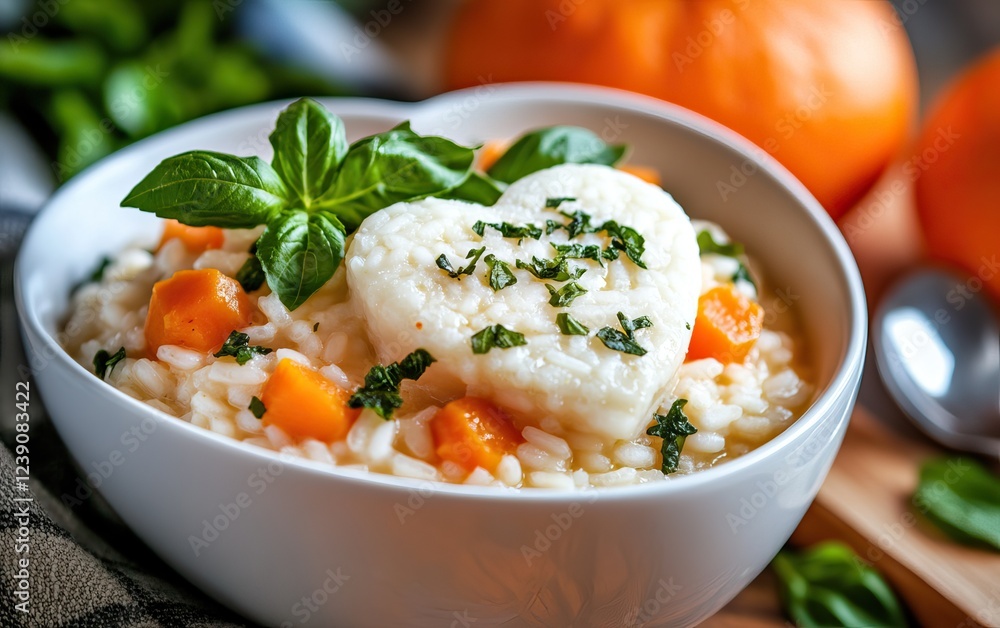 A creamy bowl of risotto adorned with a heart-shaped cheese, garnished with herbs, and accompanied by vibrant orange slices. A creamy bowl of risotto adorned with a heart-shaped cheese, garnished with herbs, and accompanied by vibrant orange slices.