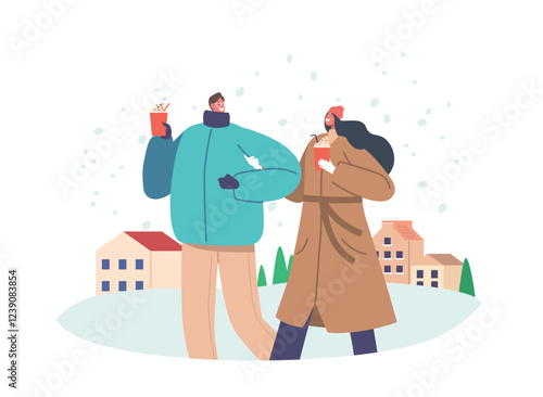 Young Male and Female Characters in Warm Clothes Enjoying Winter Drinks. People Drinking Hot Beverages at Winter Season