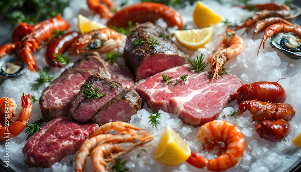 Delicious Seafood and Steak Platter on Ice Delicious Seafood and Steak Platter on Ice