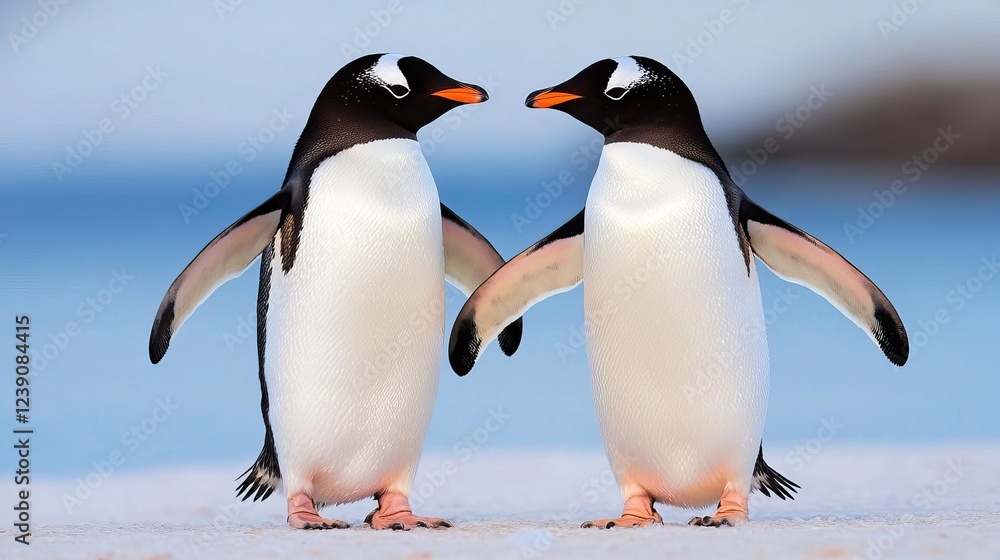 Fototapeta premium Two charming penguins stand facing each other on a sandy beach, showcasing their distinctive black and white plumage and bright orange beaks.