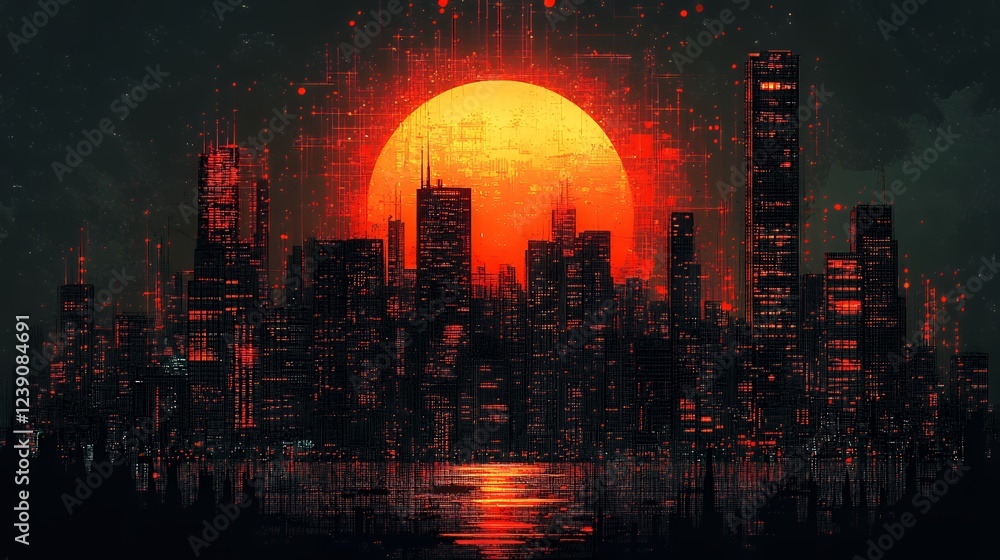 Fototapeta premium Cyberpunk Cityscape: Glowing Metropolis at Sunset
