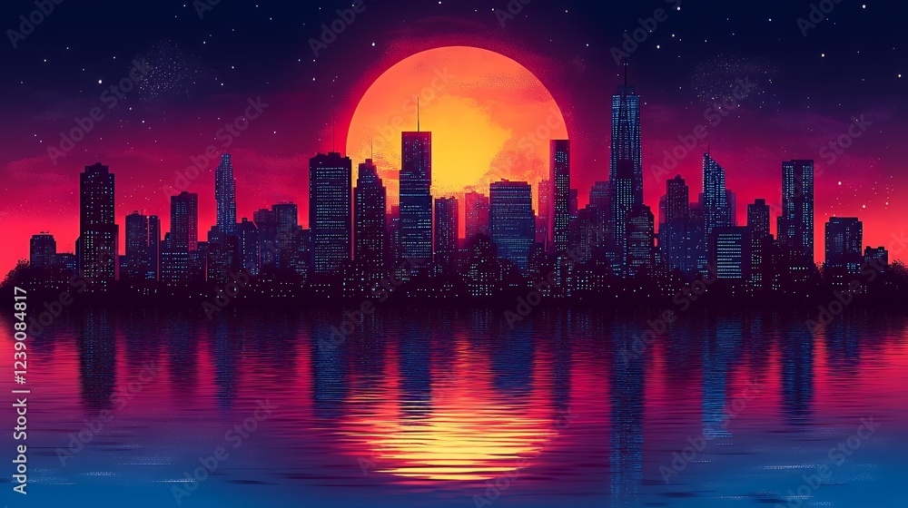 Fototapeta premium Cityscape Silhouette at Sunset: Vibrant Retro Art