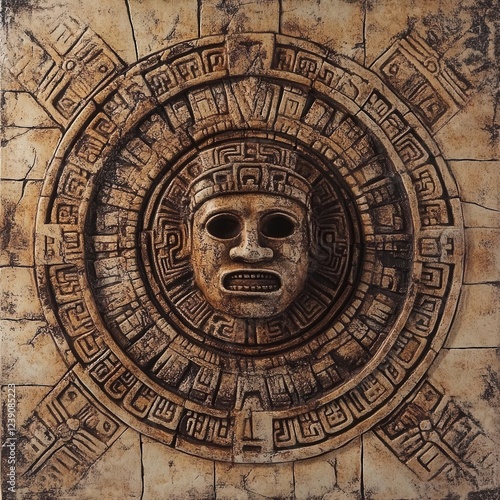 Ancient Maya Stone Texture with Central Face Motif photo