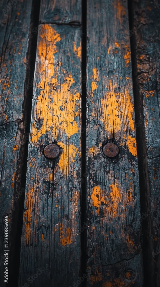 Deep colors blend in this rustic wooden surface, showcasing a beautiful interplay between age and nature. Rustic charm emerges from the peeling paint and worn grains