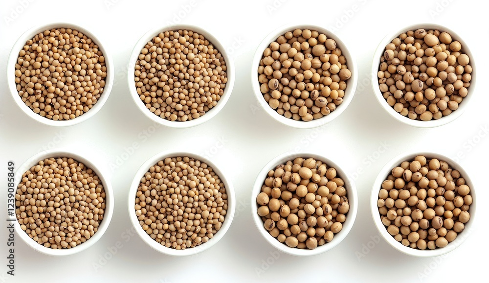 Varieties of Brown Beans and Soybeans in White Bowls on White Background Varieties of Brown Beans and Soybeans in White Bowls on White Background