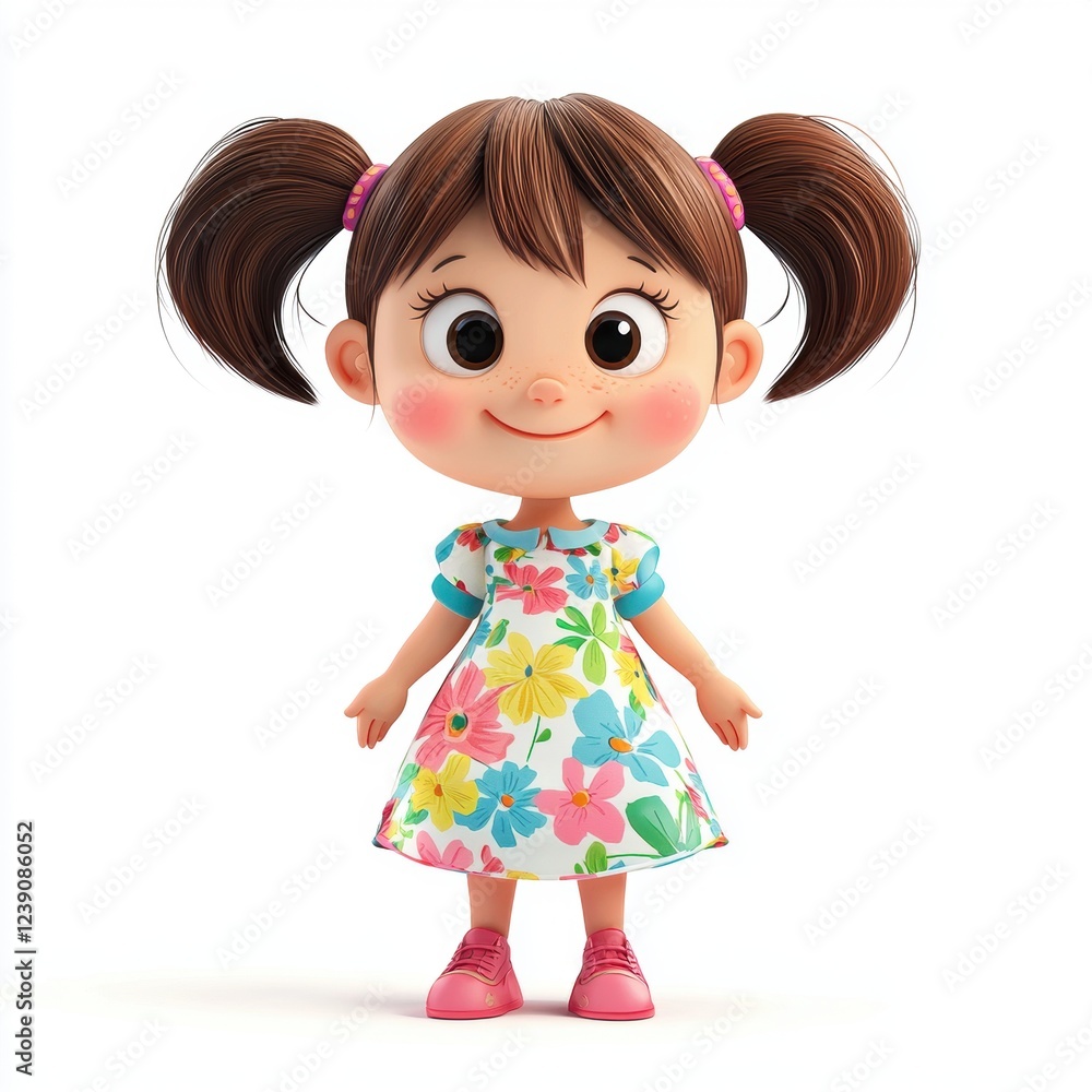 Happy little girl with pigtails, wearing a floral dress, looking joyful and playful, isolated on white background Happy little girl with pigtails, wearing a floral dress, looking joyful and playful, isolated on white background