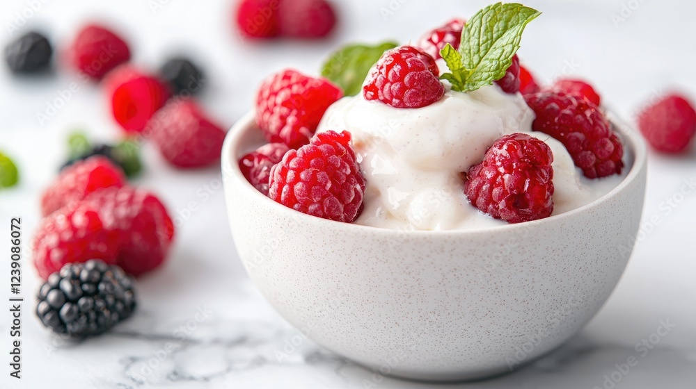 Raspberries and yogurt parfait, close-up shot Raspberries and yogurt parfait, close-up shot