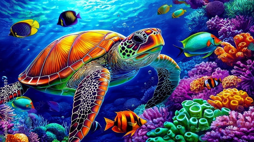 An enchanting scene features a turtle surrounded by a lively array of marine life. An enchanting scene features a turtle surrounded by a lively array of marine life.