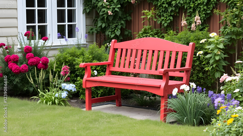 Obraz premium A red bench sits in a lush garden with flowers and plants surrounding it