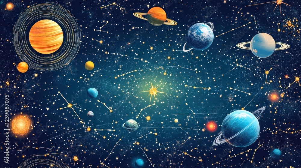 Fototapeta premium Vibrant cosmic illustration featuring planets, stars, constellations, and nebulae in a dark blue space.
