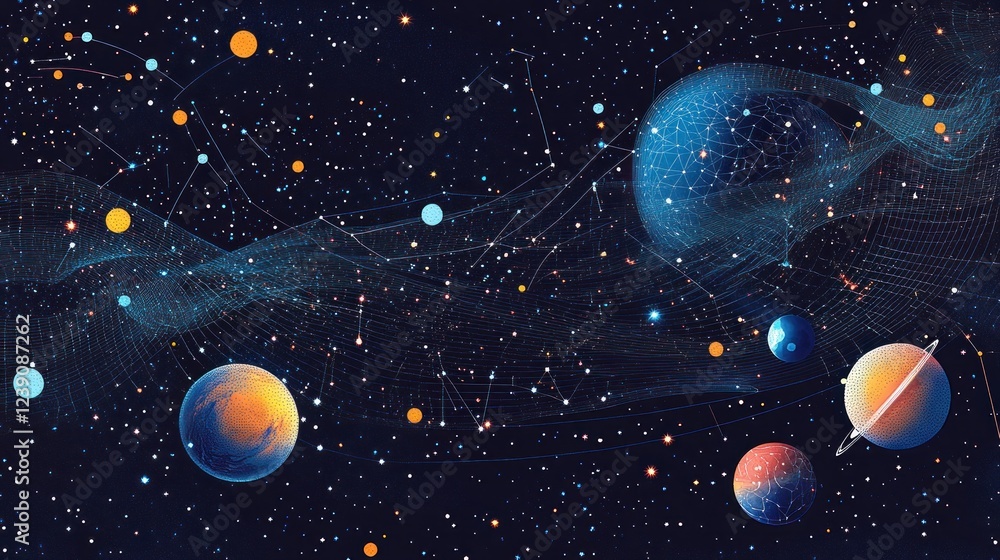 Fototapeta premium Abstract cosmic artwork depicting planets, stars, and nebulae connected by glowing lines.