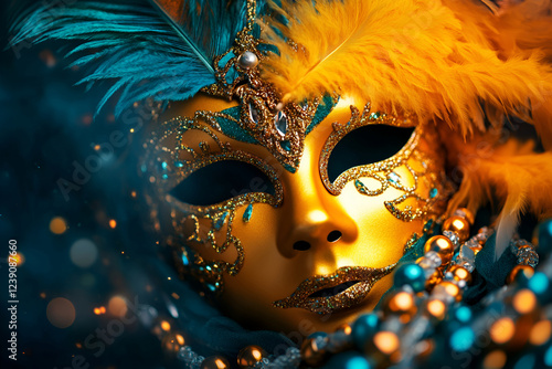 Wallpaper Mural Golden venetian mask with feathers and beads in dramatic lighting, Mardi Gras carnival Torontodigital.ca