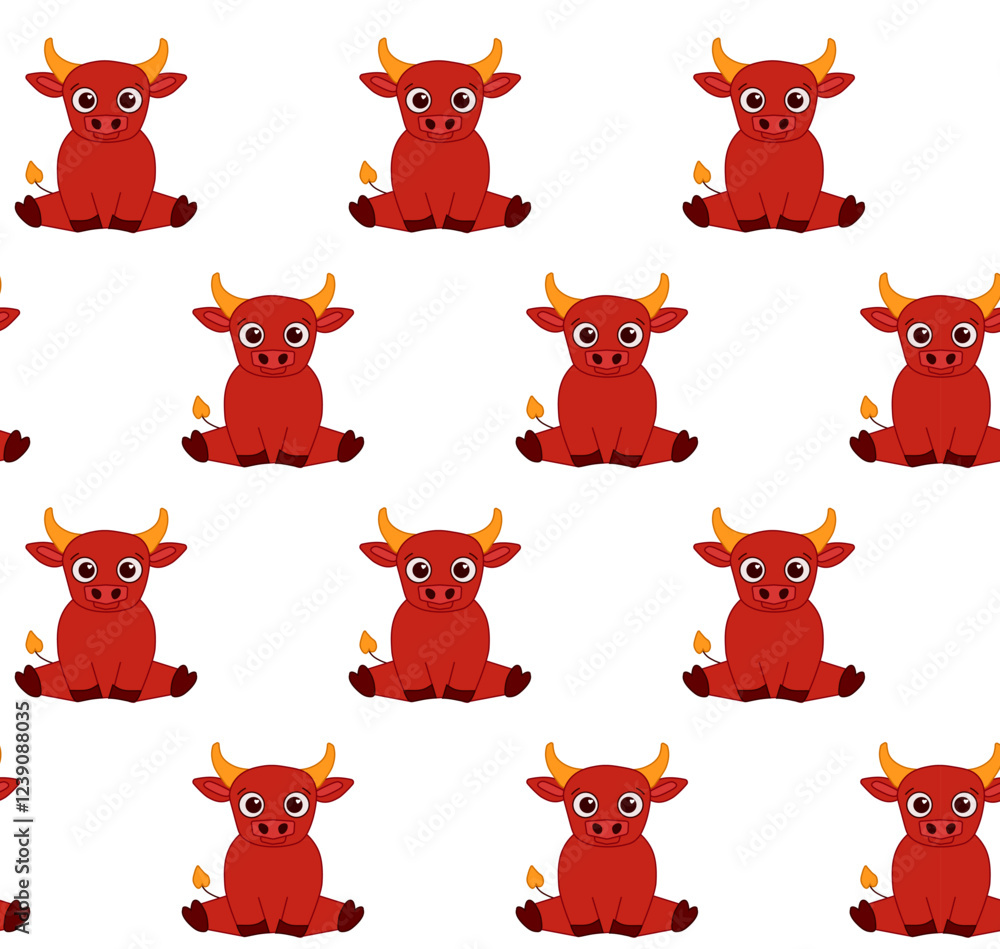 Obraz premium Beautiful cute bull seamless pattern cartoon character. Cute farm animal. Hand drawn style. Vector drawing. Design ornaments.