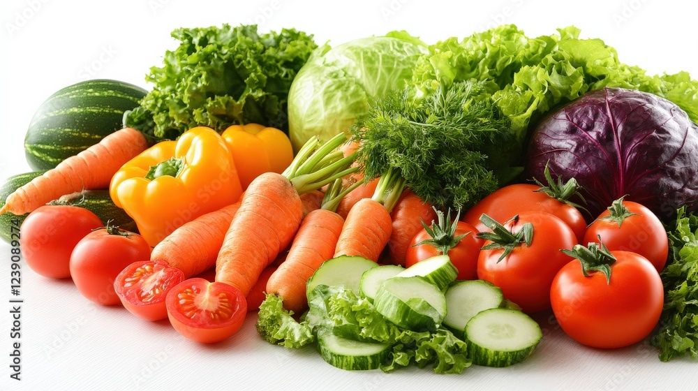 Fresh assortment of vibrant vegetables including carrots, tomatoes, and lettuce on a white background Fresh assortment of vibrant vegetables including carrots, tomatoes, and lettuce on a white background