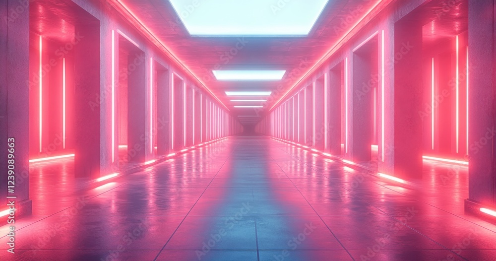 Futuristic Digital Room with Neon Grid Patterns and Symmetrical Perspective in Cyberpunk Style Futuristic Digital Room with Neon Grid Patterns and Symmetrical Perspective in Cyberpunk Style