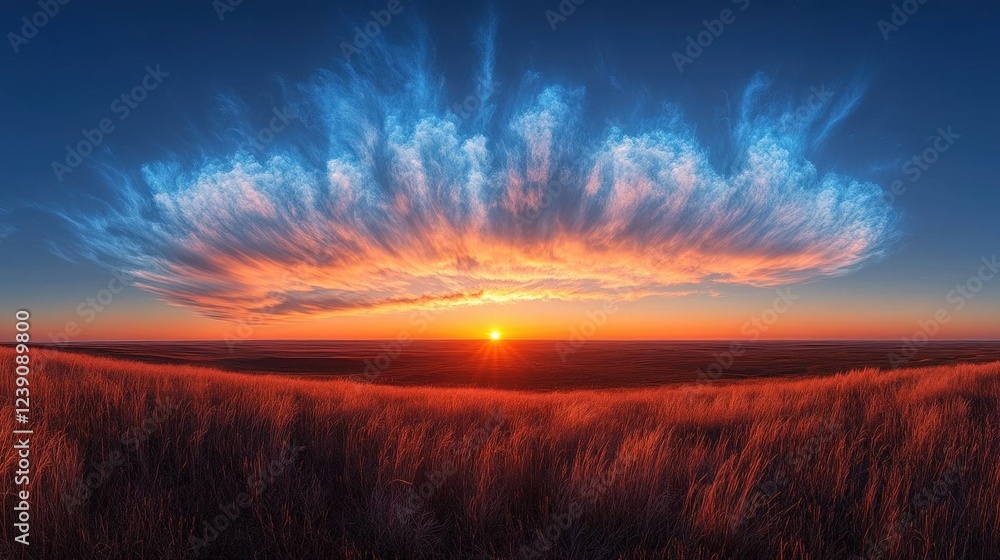 Vibrant Sunset Over a Field with Unique Cloud Formation
