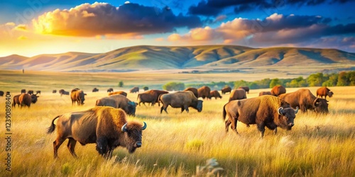 Wallpaper Mural Miniature Bison Herd Roaming Vast Grasslands - Wild American Plains Landscape Torontodigital.ca