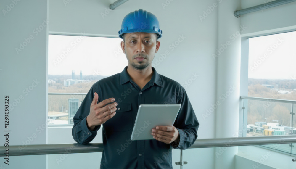 Construction Worker using Tablet for Project Overview Construction Worker using Tablet for Project Overview