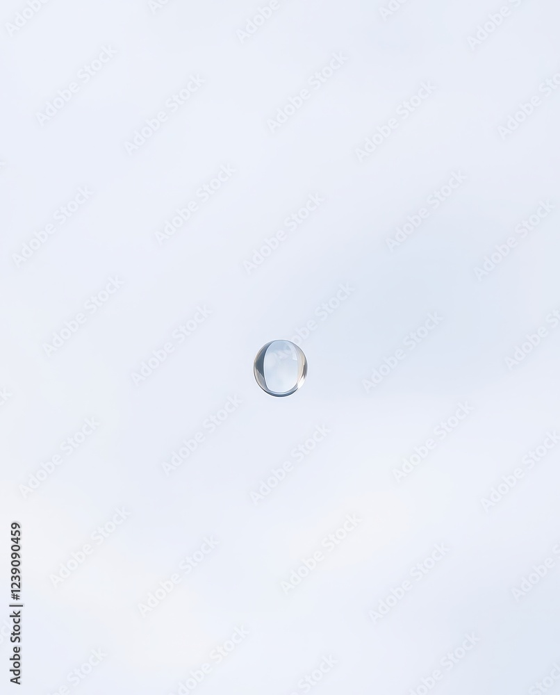 Single Transparent Droplet Suspended on Minimal White Background Single Transparent Droplet Suspended on Minimal White Background