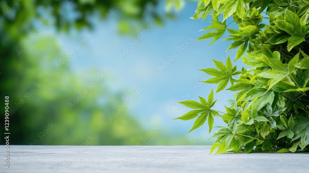 Lush greenery backdrop, table, spring nature scene; product display Lush greenery backdrop, table, spring nature scene; product display
