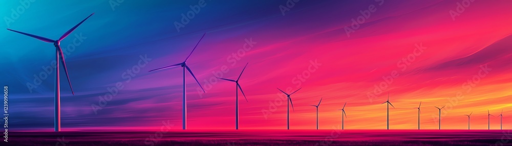 Obraz premium Colorful sunset over wind turbines in landscape.