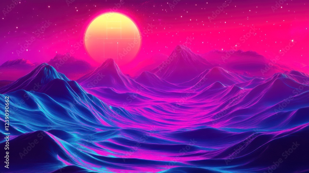 Obraz premium Vibrant synthwave landscape with neon mountains, large sun, and starry night sky.