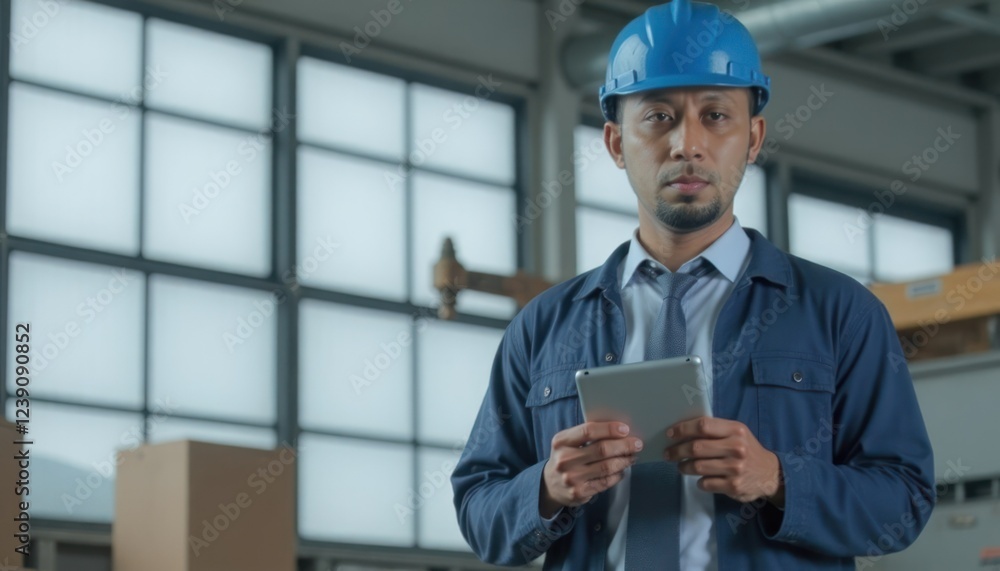 Portrait of a Focused Engineer in a Factory Setting Portrait of a Focused Engineer in a Factory Setting