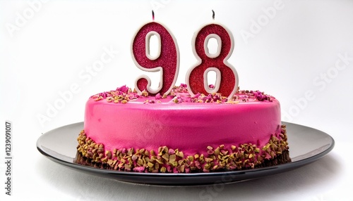 Decorated pink cake for birthday or anniversary party, candle number 98, white background photo