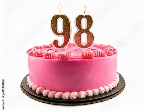 Decorated pink cake for birthday or anniversary party, candle number 98, white background photo