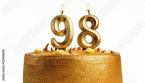 Decorated gold cake for birthday or anniversary party, candle number 98, white background photo