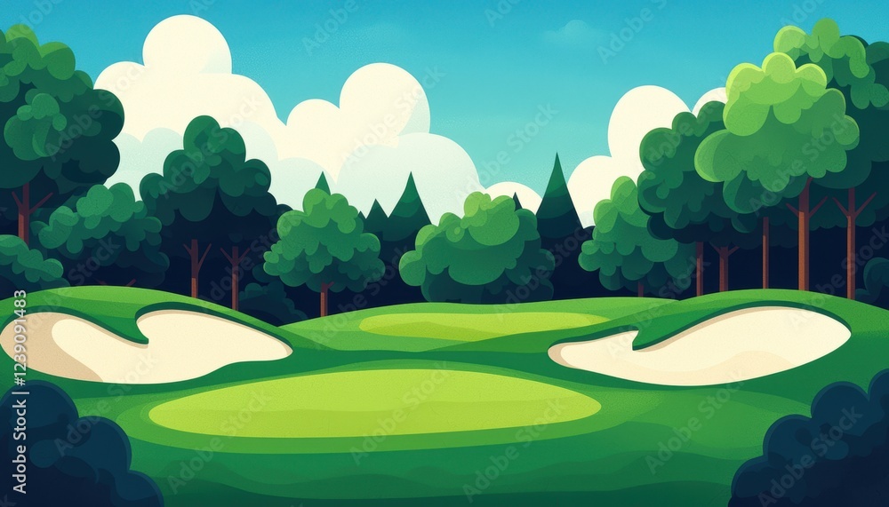 Obraz premium Serene golf course landscape featuring vibrant greens, sand hazards, and a row of lush trees, perfect for outdoor and sports themes