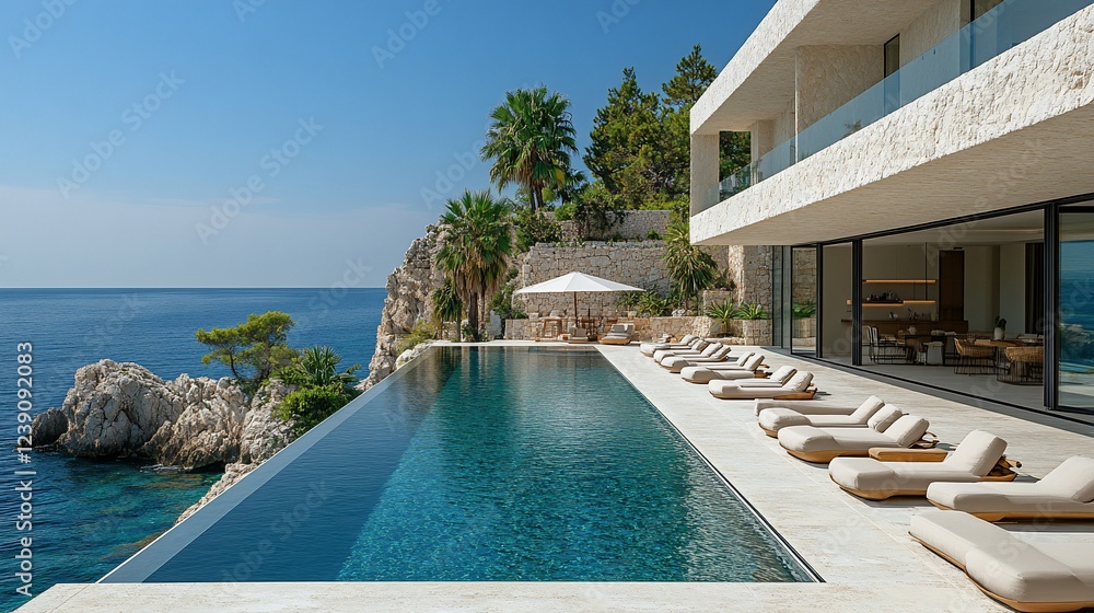 Fototapeta premium Luxury cliffside villa with infinity pool and ocean view.