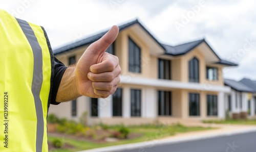 A construction worker in a safety vest gives a thumbs-up in front of a modern house, showcasing approval and positive vibes in real estate.