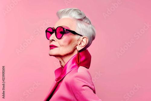 Confident elegant fashionable older woman with bright pink make-up and sunglasses. Positive aging photo