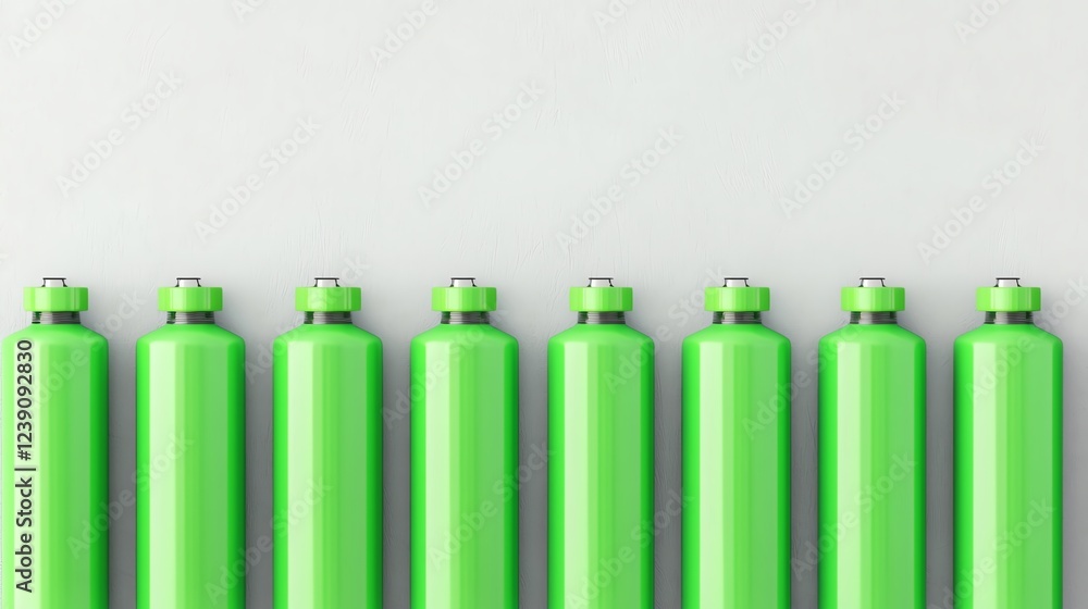 Green gas cylinders arranged in a row. Green gas cylinders arranged in a row.