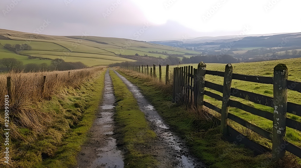 Scenic rural pathway, lush green fields, wooden fence along dirt road, peaceful countryside setting, perfect for relaxation. Scenic rural pathway, lush green fields, wooden fence along dirt road, peaceful countryside setting, perfect for relaxation.