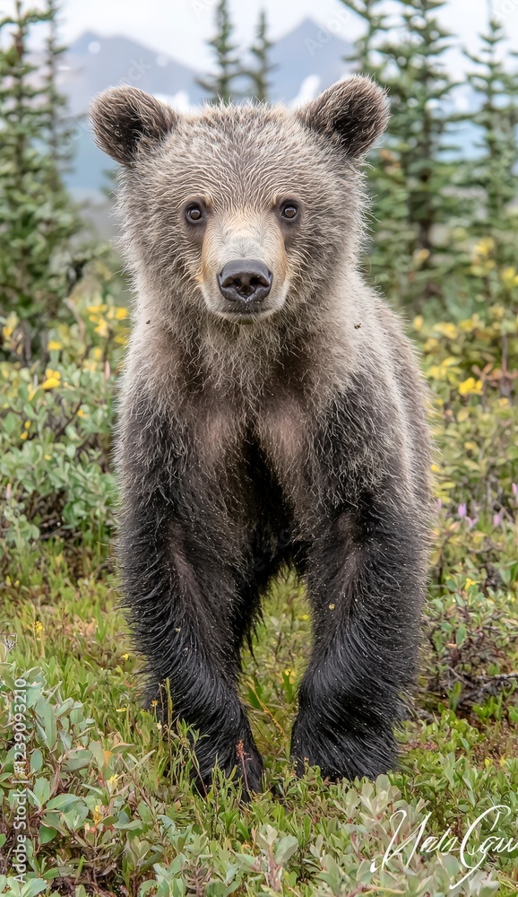 Fototapeta premium Young Grizzly Bear Standing in Blooming Wildflower Meadow