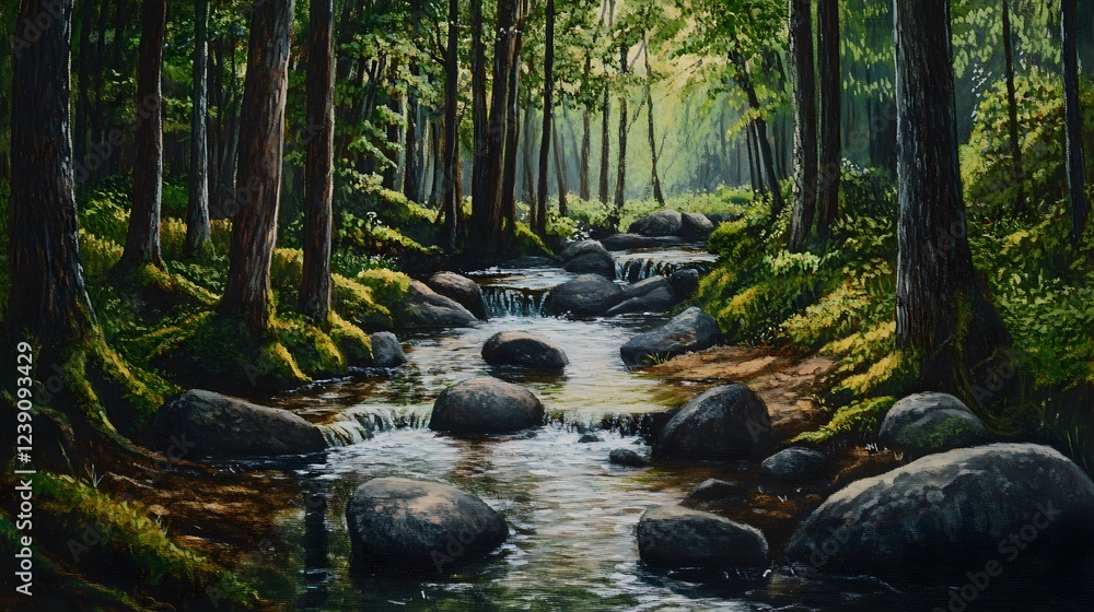 Serene forest stream, lush green trees surrounding a peaceful waterway, smooth stones dotting the gentle current, quiet natural beauty. Serene forest stream, lush green trees surrounding a peaceful waterway, smooth stones dotting the gentle current, quiet natural beauty.