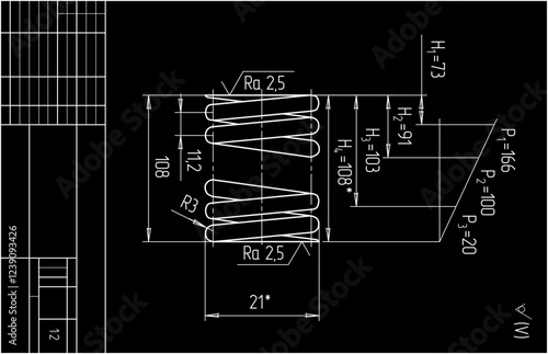 Assembly drawing of wire spring.
Vector design of steel mechanical device with 
dimension lines.
Engineering technic computer cad scheme on 
paper sheet. Hand drawn sketch.
Technical template.