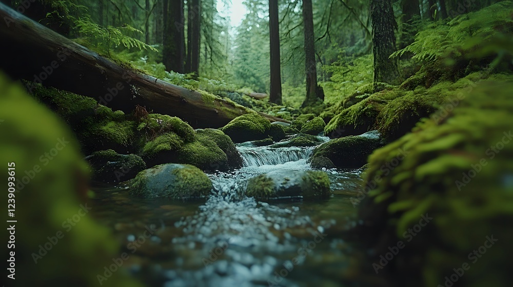 Tranquil forest stream, lush greenery and moss-covered rocks, serene nature scene ideal for relaxation and contemplation. Tranquil forest stream, lush greenery and moss-covered rocks, serene nature scene ideal for relaxation and contemplation.