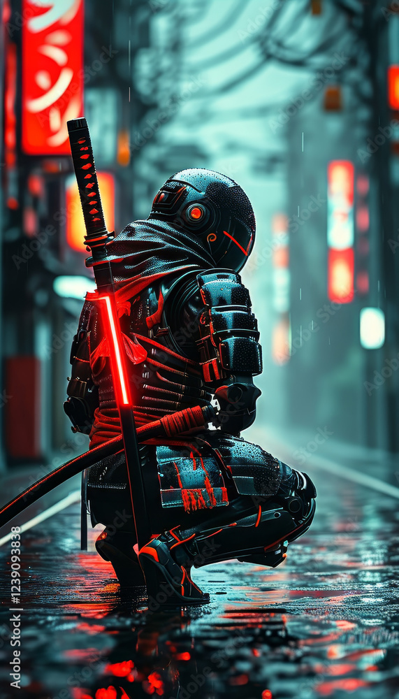 a cyborg samurai with a red neon katana on his back sitting crouching on a Japanese tower, black cybernetic armour and hood walking in the rain down a road, neon tokyo, futuristic koi holograms a cyborg samurai with a red neon katana on his back sitting crouching on a Japanese tower, black cybernetic armour and hood walking in the rain down a road, neon tokyo, futuristic koi holograms