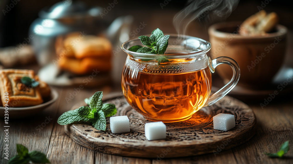 Steaming Cup of Tea with Mint and Biscuits on Dark Wooden Surface
Steaming Cup of Tea with Mint and Biscuits on Dark Wooden Surface