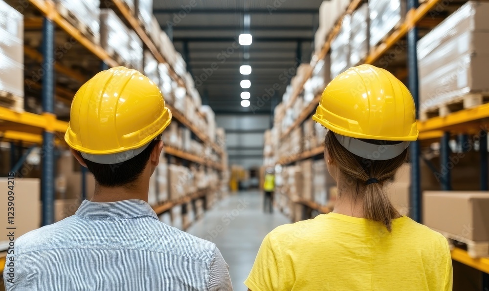 Two workers in yellow hard hats observing a warehouse filled with stacked boxes, showcasing a busy industrial environment. Two workers in yellow hard hats observing a warehouse filled with stacked boxes, showcasing a busy industrial environment.