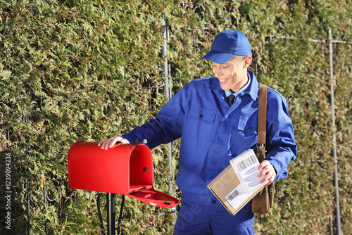 Fotografi Postman putting parcel into mail box outdoors