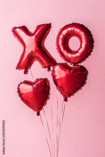 Red xo and heart balloons on soft pink background for celebrations and romantic occasions