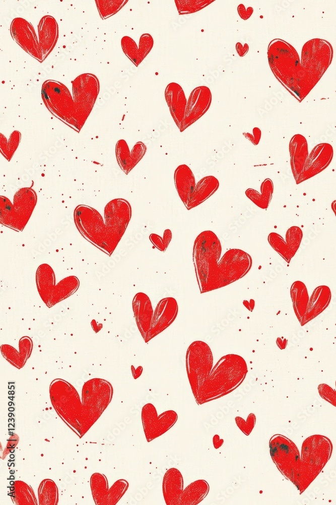 Red hearts pattern on cream background: romantic hand-painted design Red hearts pattern on cream background: romantic hand-painted design