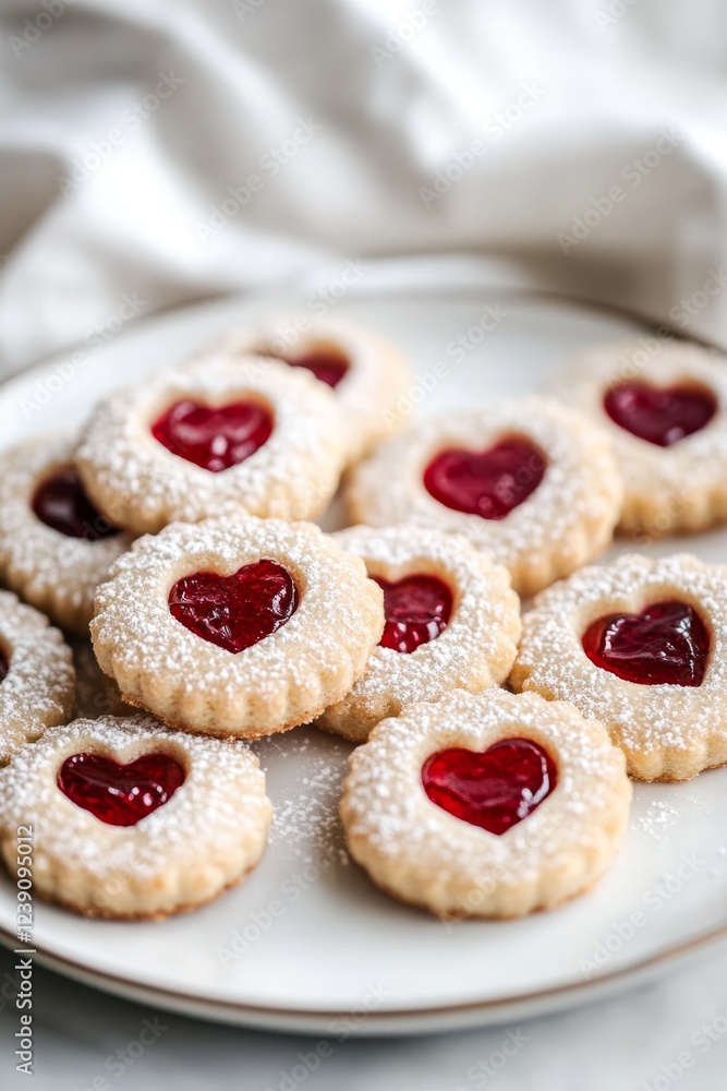Heart shaped linzer cookies with raspberry jam and powdered sugar on plate Heart shaped linzer cookies with raspberry jam and powdered sugar on plate