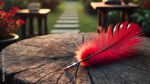 beautiful colored red smooth feather on a table in the garden photo