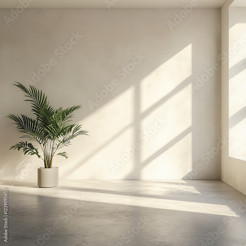 3D rendering of a minimalist, sunlit room with beige and white backgrounds, a concrete floor, and an indoor plant, providing a cozy and versatile space for both office and living room settings